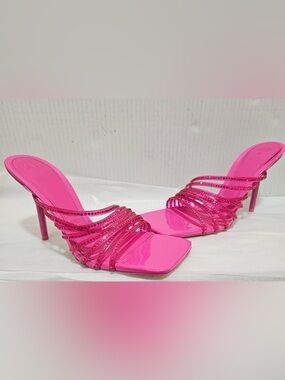 Zara Pink Rhinestone Vinyl High Heels Sandals Square Toe Sz 39